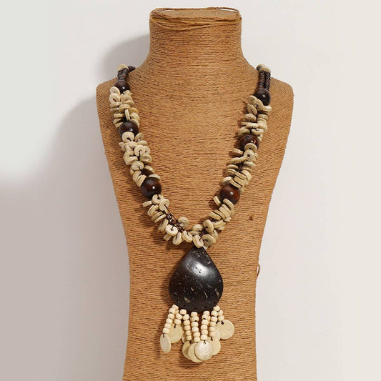 VINTAGE WOODEN BEAD COCONUT SHELL NECKLACE