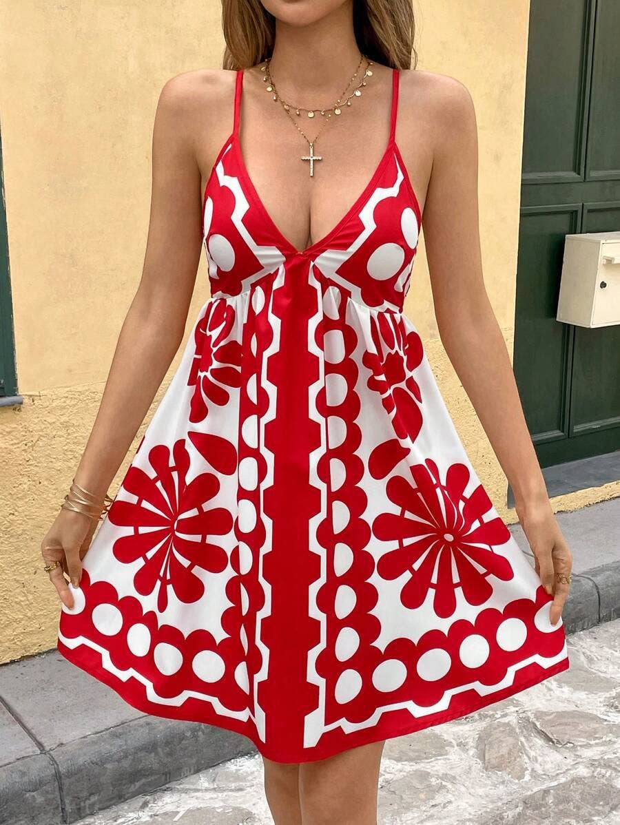 V-neck high-waisted printed halter dress