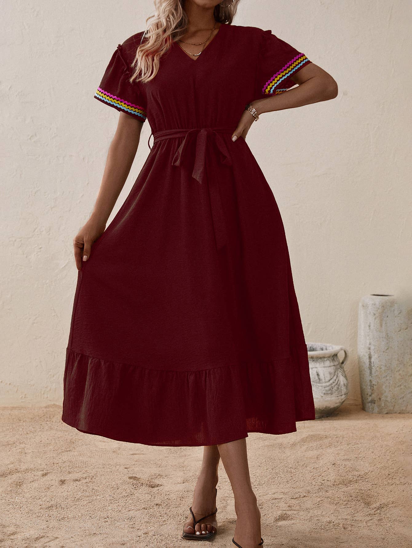 V-neck short sleeve lace-up mid-length dress