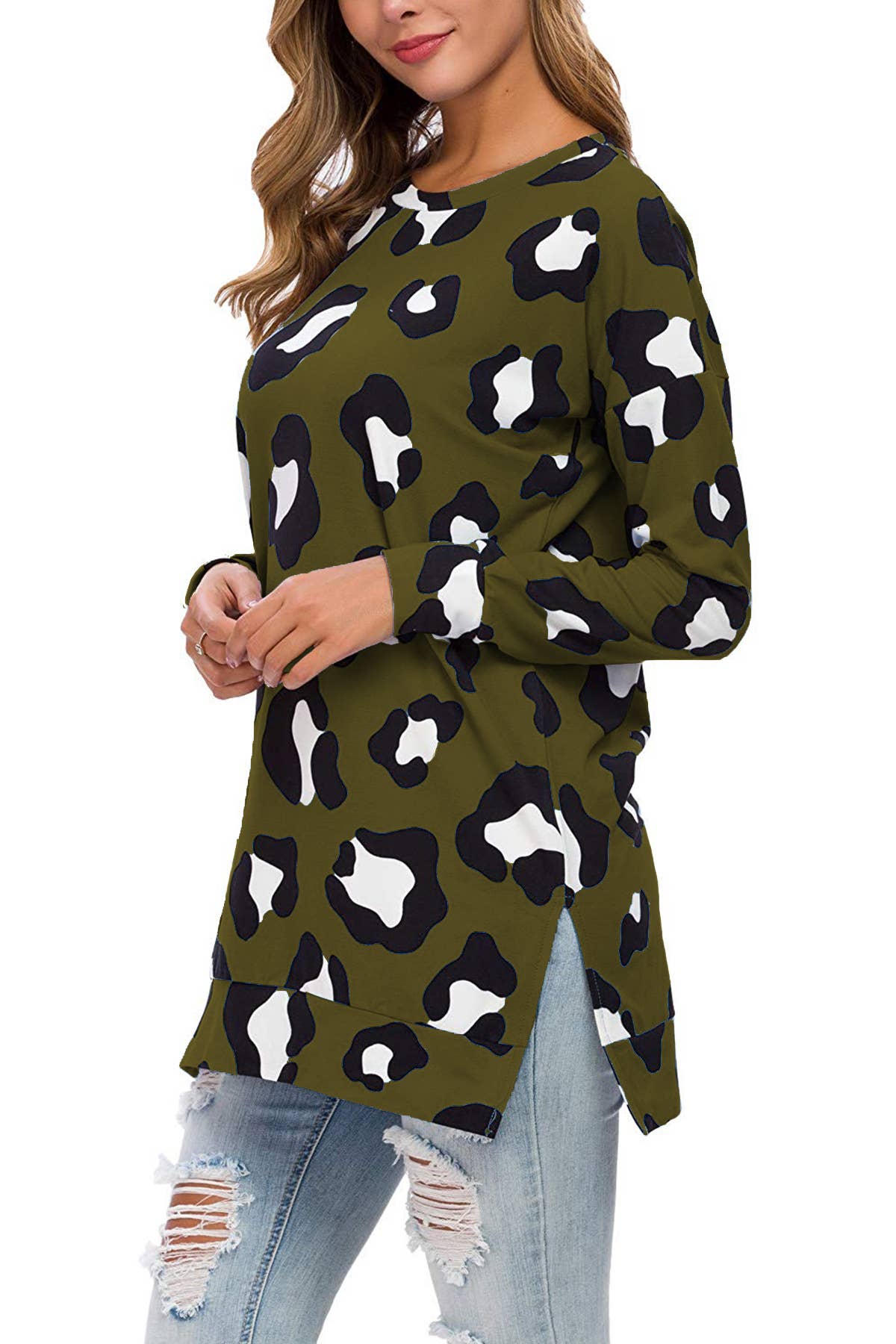 LEOPARD PRINT CREW NECK LOOSE PULLOVER T-SHIRT