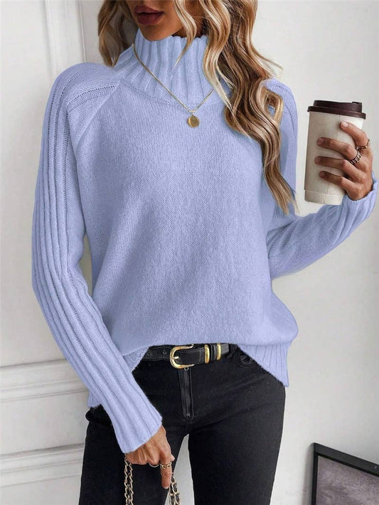 Solid-colored high-neck long-sleeved sweater