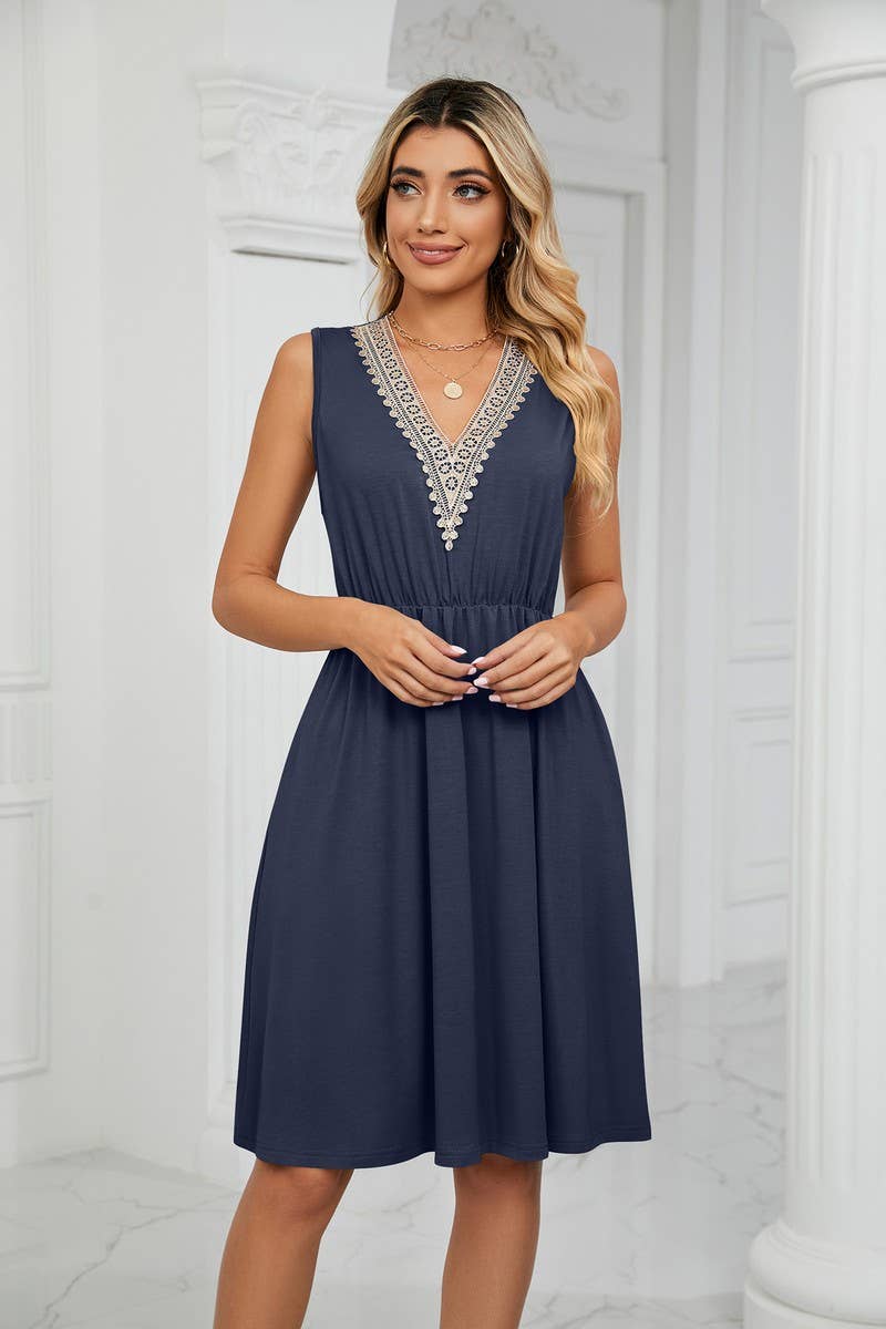 CWDSD3116_V-Neck Lace Trim Sleeveless Dress