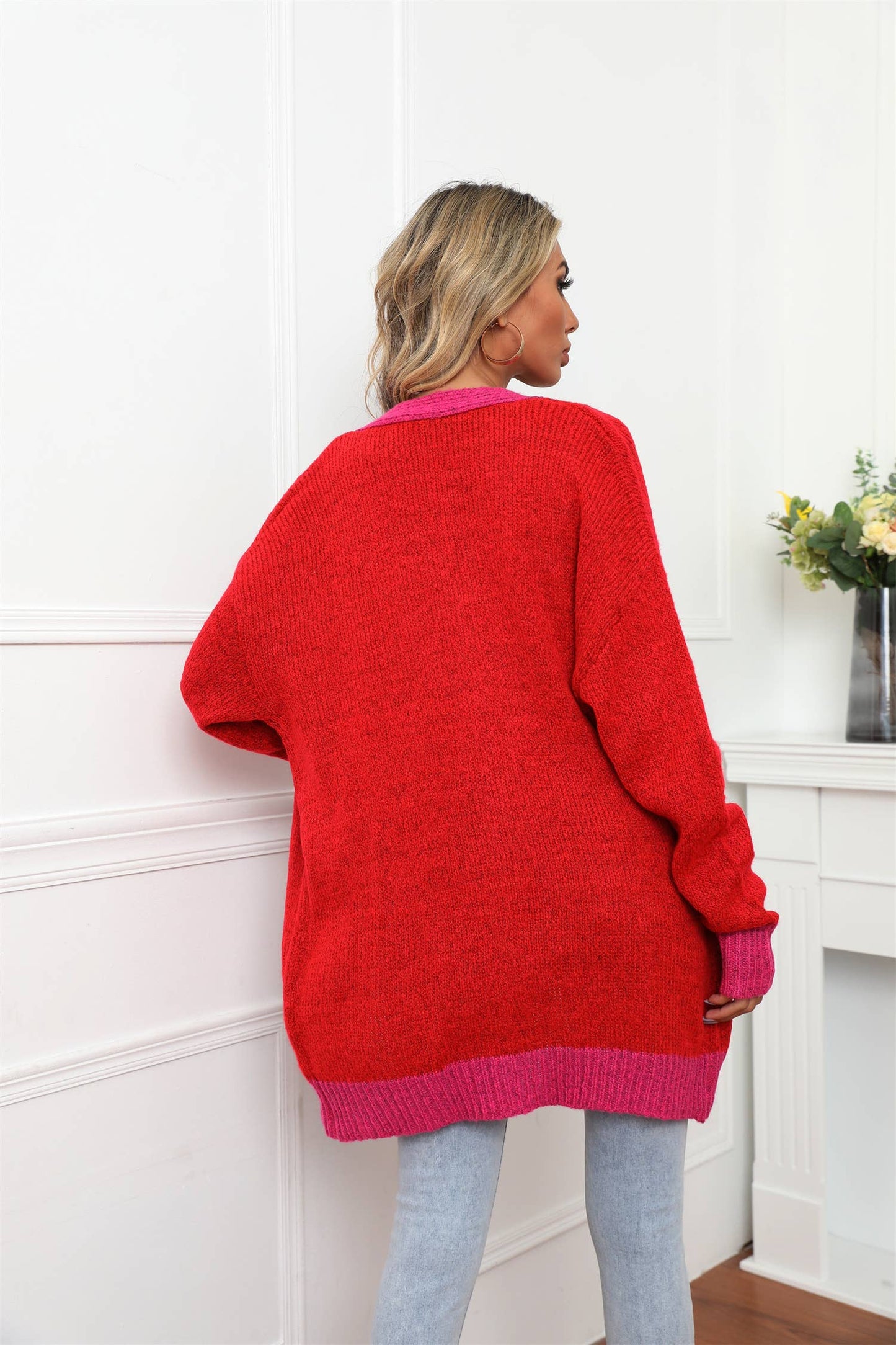 Knit patchwork fashion solid color button cardigan
