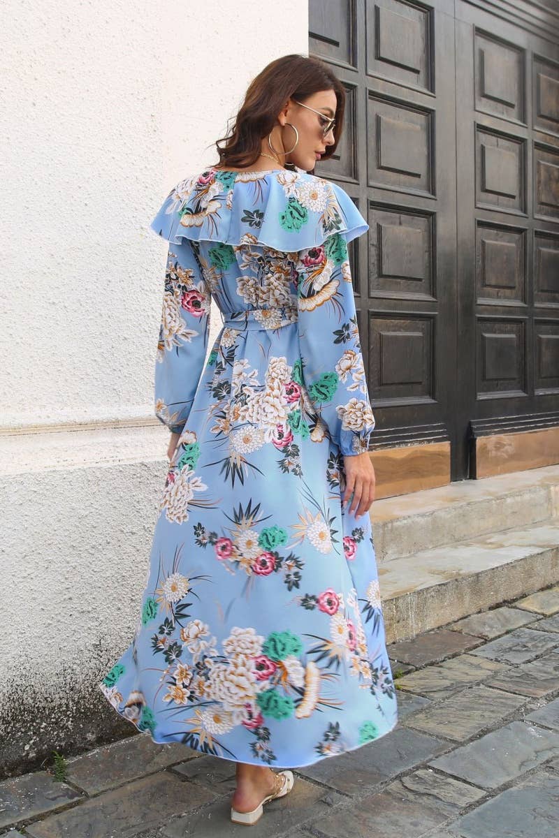 CWDMD3960_FLORAL PRINT LONG-SLEEVED WAISTLINE DRESS