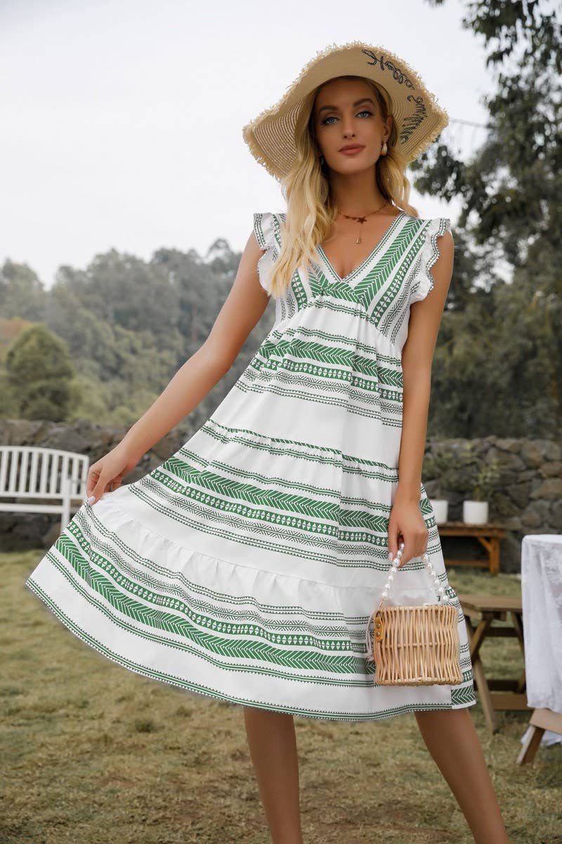 CWDMD6112_BOHO V-NECK POCKETED STRIPED TIERED DRESS