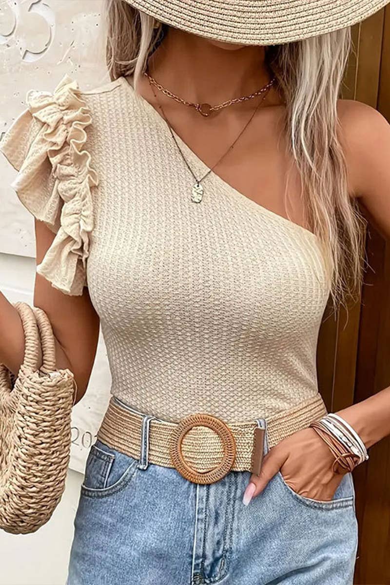 RUFFLED DIAGONAL SHOULDER FABRIC KNIT TANK TOP