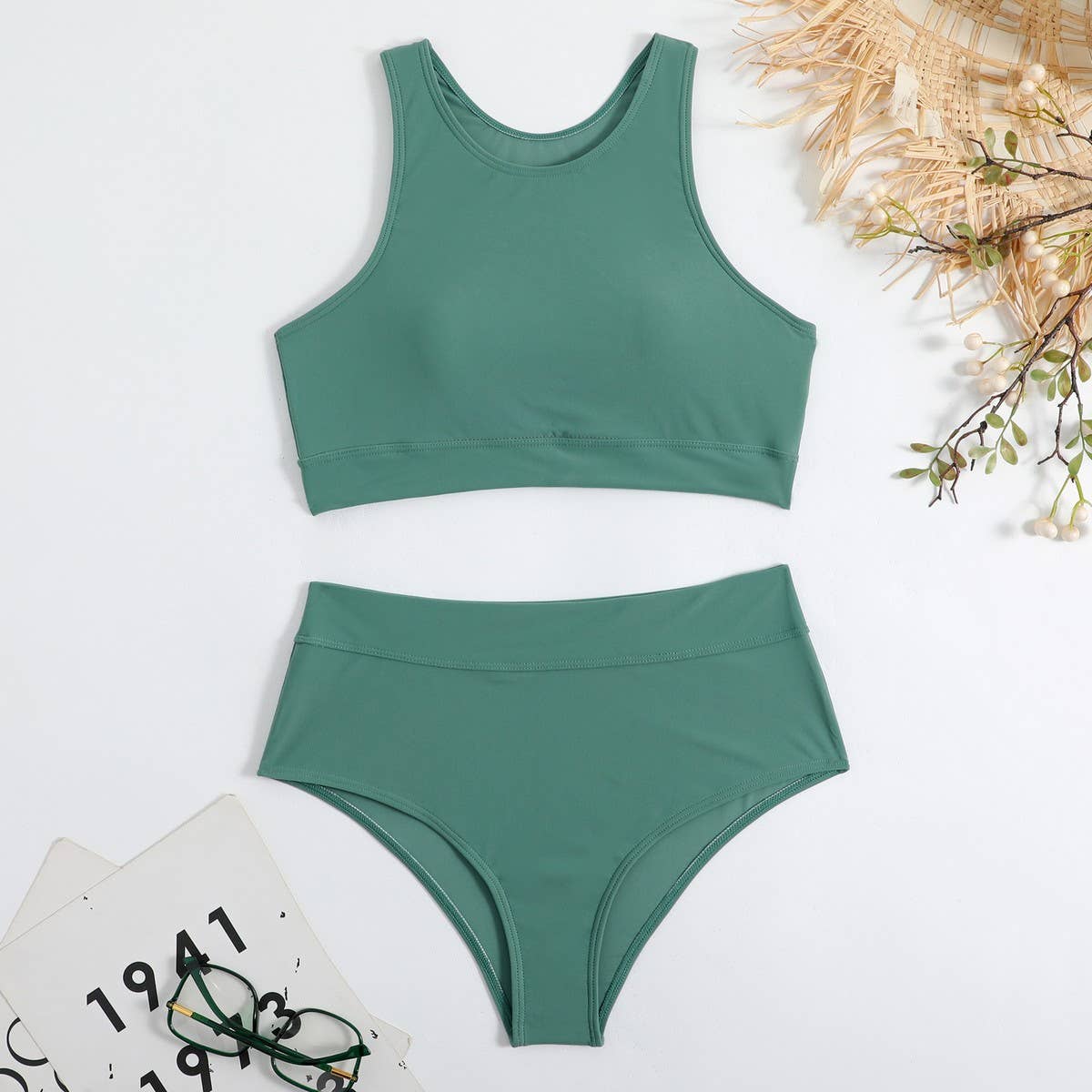 High Waist Bikini Set - Solid Color Swimsuit