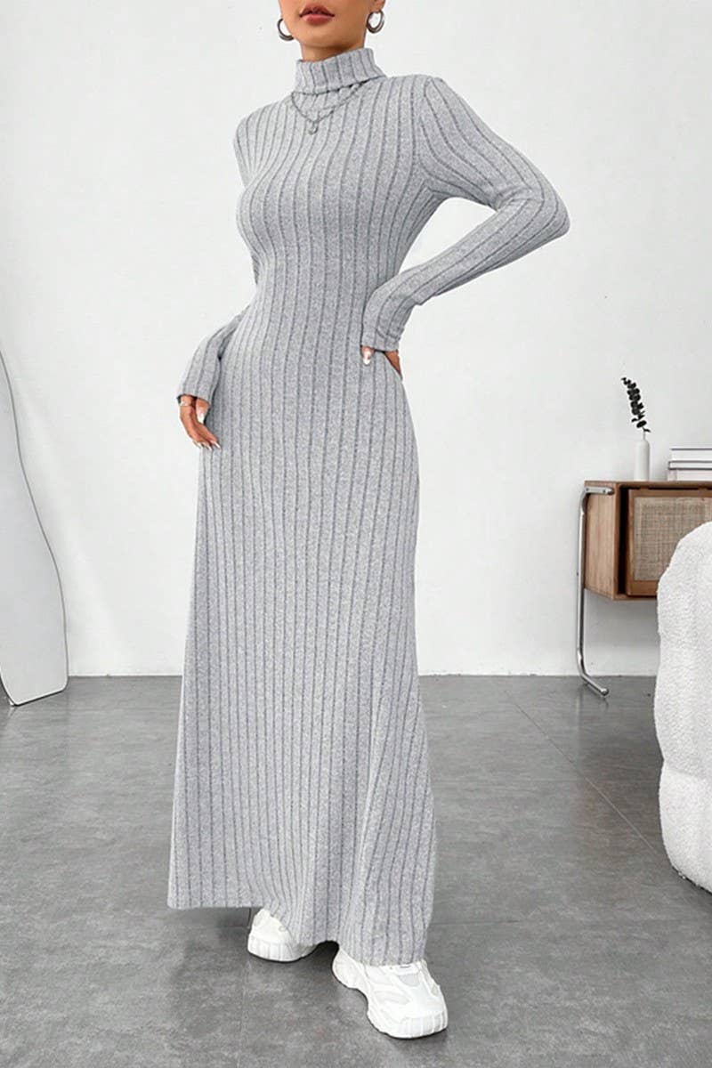 CWDMD00973_TEMPERAMENT SLIM HIGH COLLAR SOLID COLOR DRESS