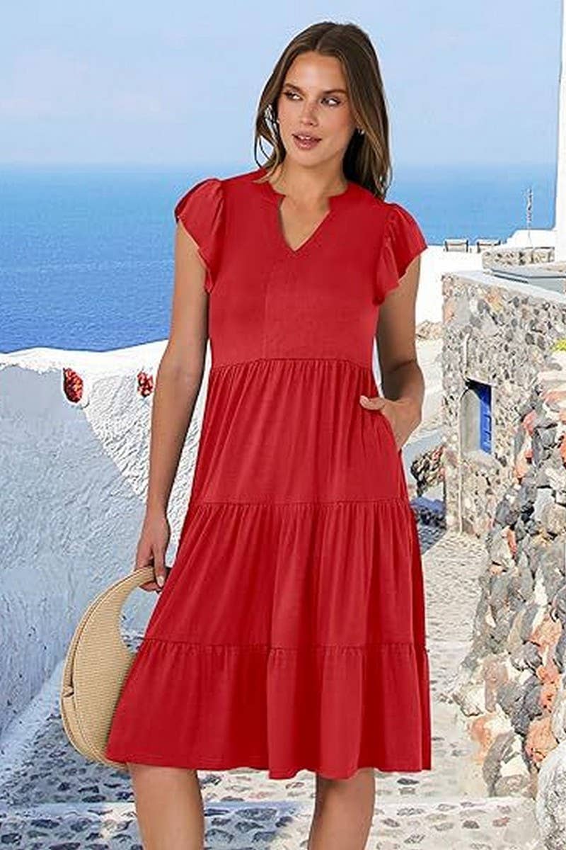 CWDMD6340_V-NECK RUFFLE SLEEVES WIDE POCKET DRESS