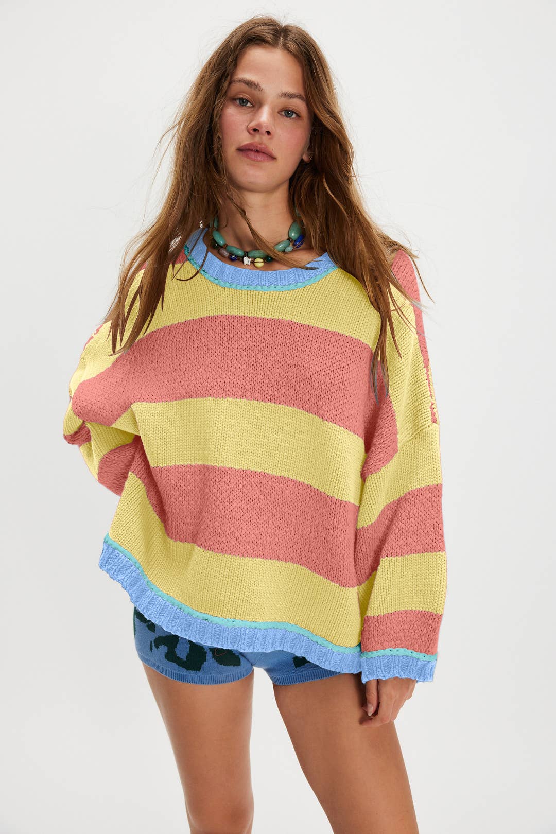 Knitted loose color-blocking striped sweater