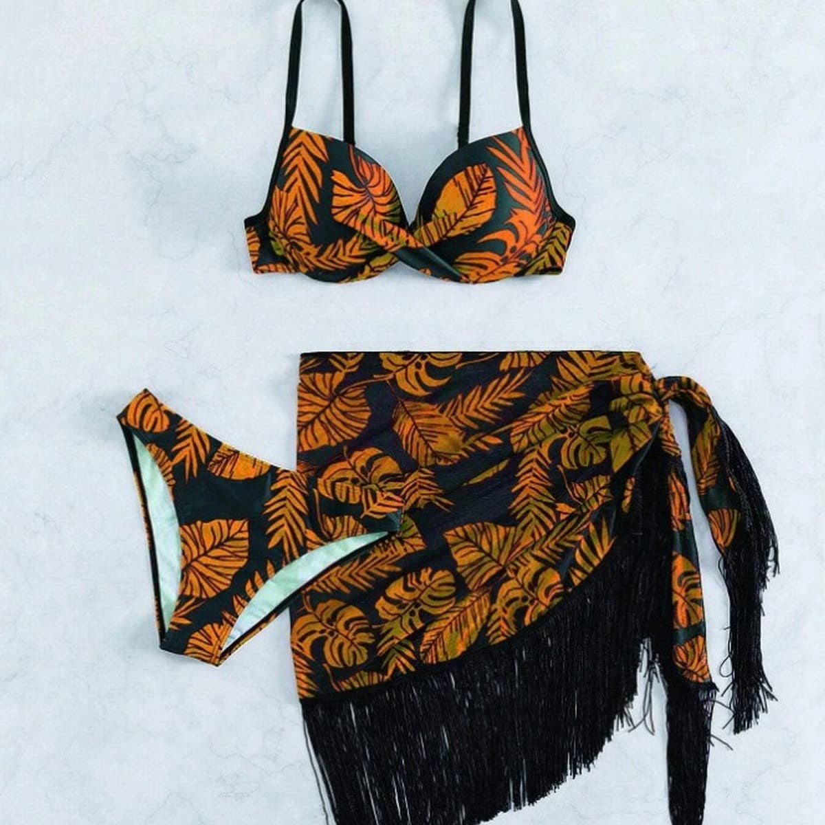 PRINTED TASSEL WRAP SKIRT THREE-PIECE SWIMSUIT_CWMW0335