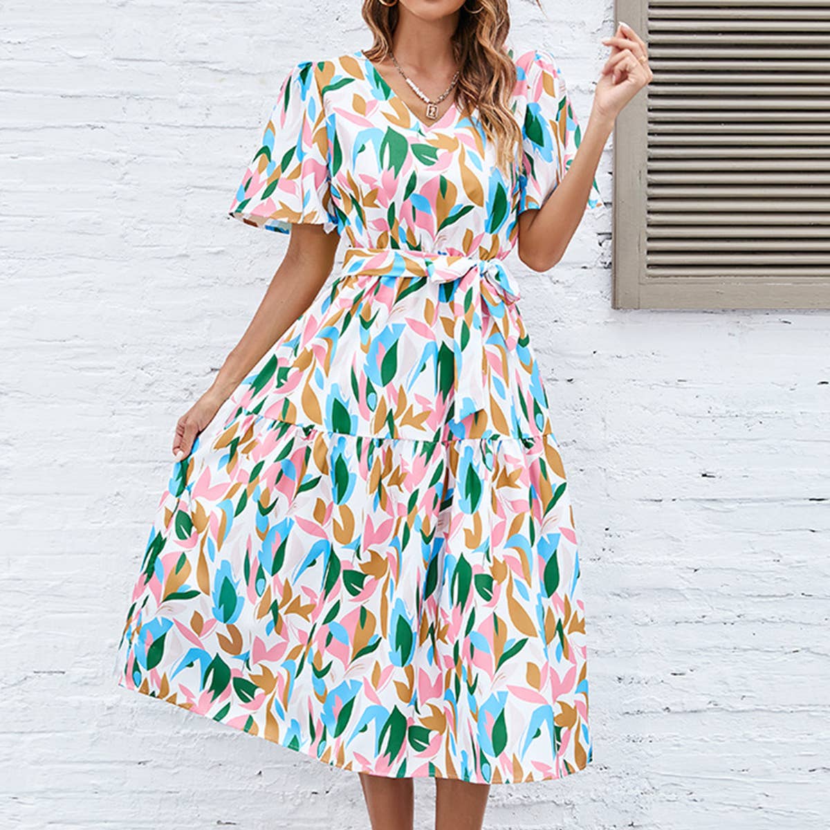 V-Neck Puff Sleeve Tie Waist Maxi Dress