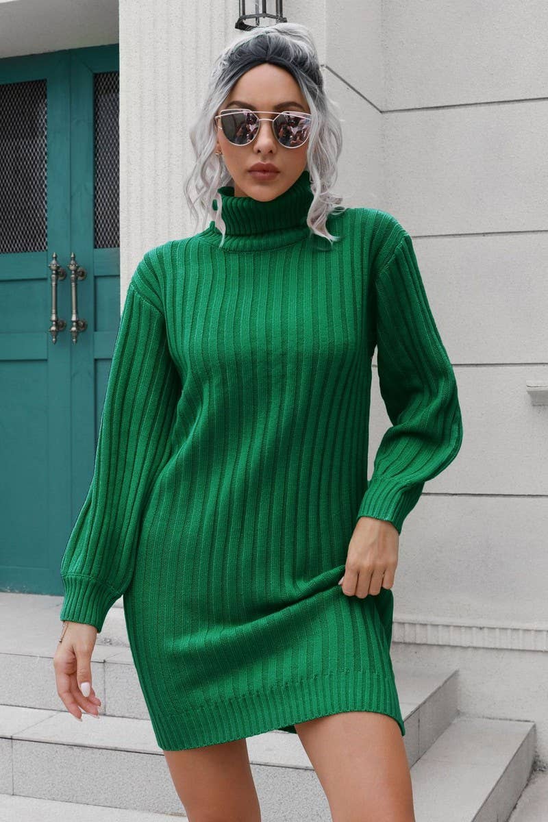 CWDSD5969_RIBBED TURTLENECK KNITTED SWEATER DRESS
