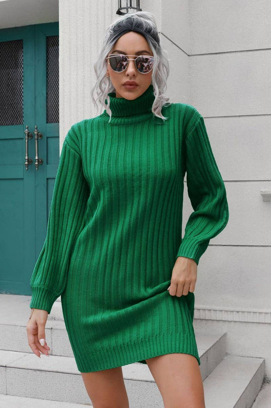CWDSD5969_RIBBED TURTLENECK KNITTED SWEATER DRESS