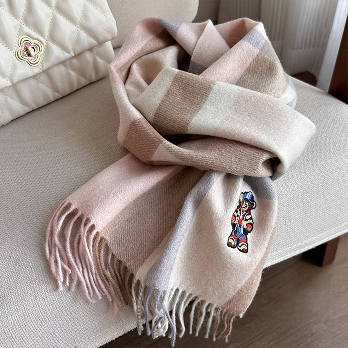 British Plaid Bear Scarf - Unisex Winter Warm Wrap_CWASC1496