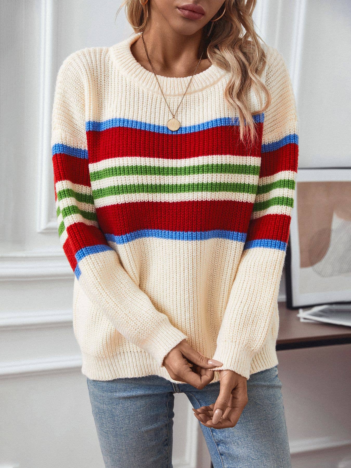 STRIPED PULLOVER FASHION CASUAL CREW NECK SWEATER