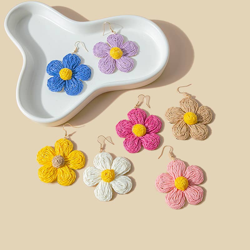 Woven raffia grass exaggerated flower earrings