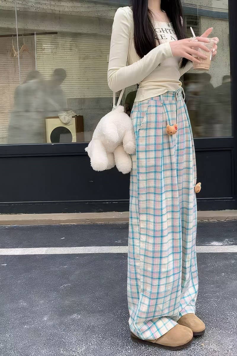 CWBLP2081_PLAID HIGH WAIST LOOSE DOPAMINE LOUNGE PANTS