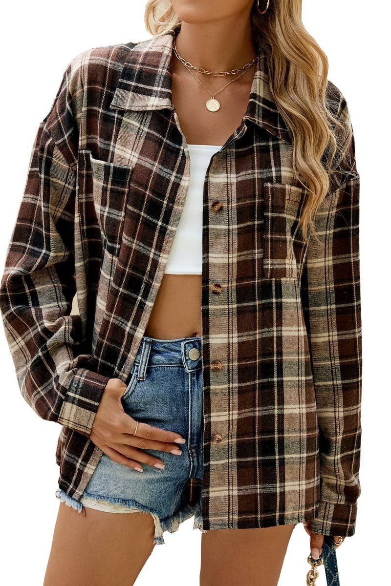 CWOCO0473_LAPEL PLAID CONTRAST LONG SLEEVE SHIRT COAT