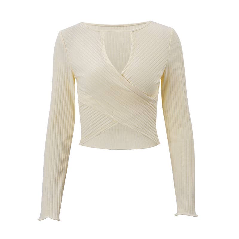 V-NECK LOW CUT THREAD FIT MIDRIFF LONG SLEEVE TOP