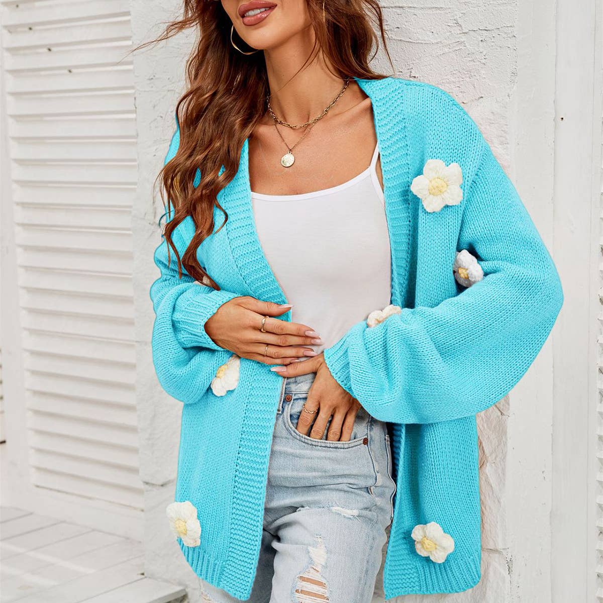 Flower cardigan lantern sleeve sweater coat_cwocal0687