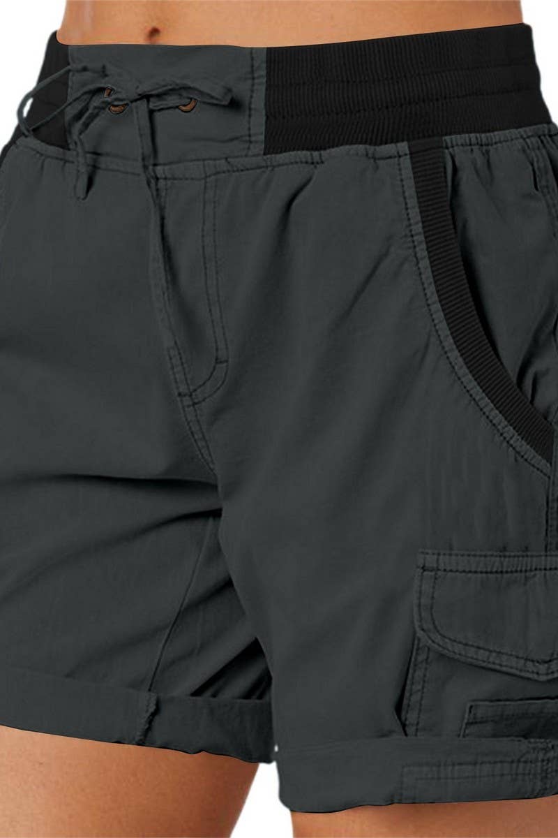 CWBSP0562_RETRO SOLID DRAWSTRING RIBBED UTILITY SHORTS
