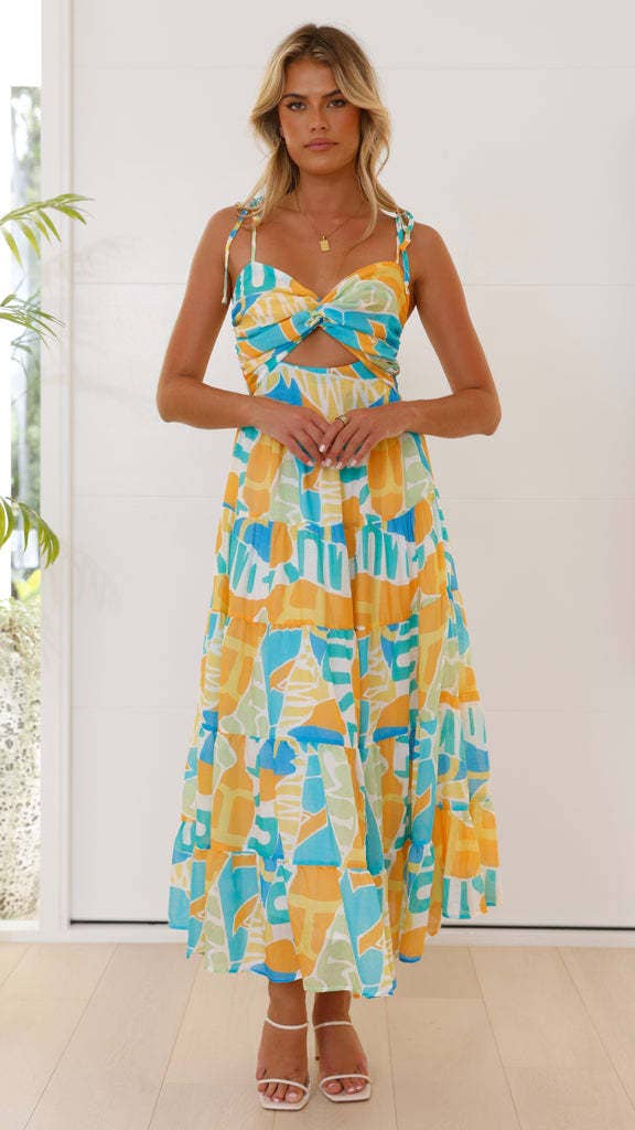 Fashion print halter sleeveless long cutout dress