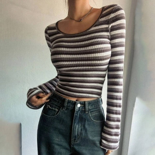 SLIP-ON ROUND NECK STRIPED LONG SLEEVE T-SHIRT