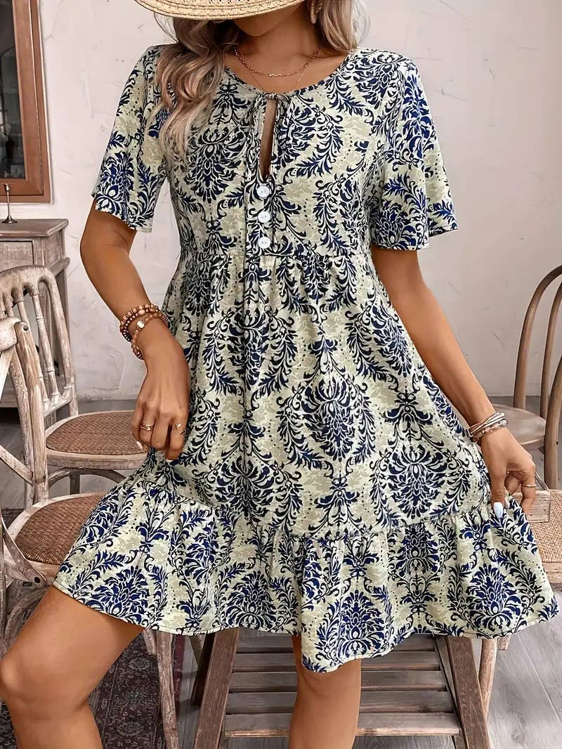 Ethnic style prints loose V-neck short dress