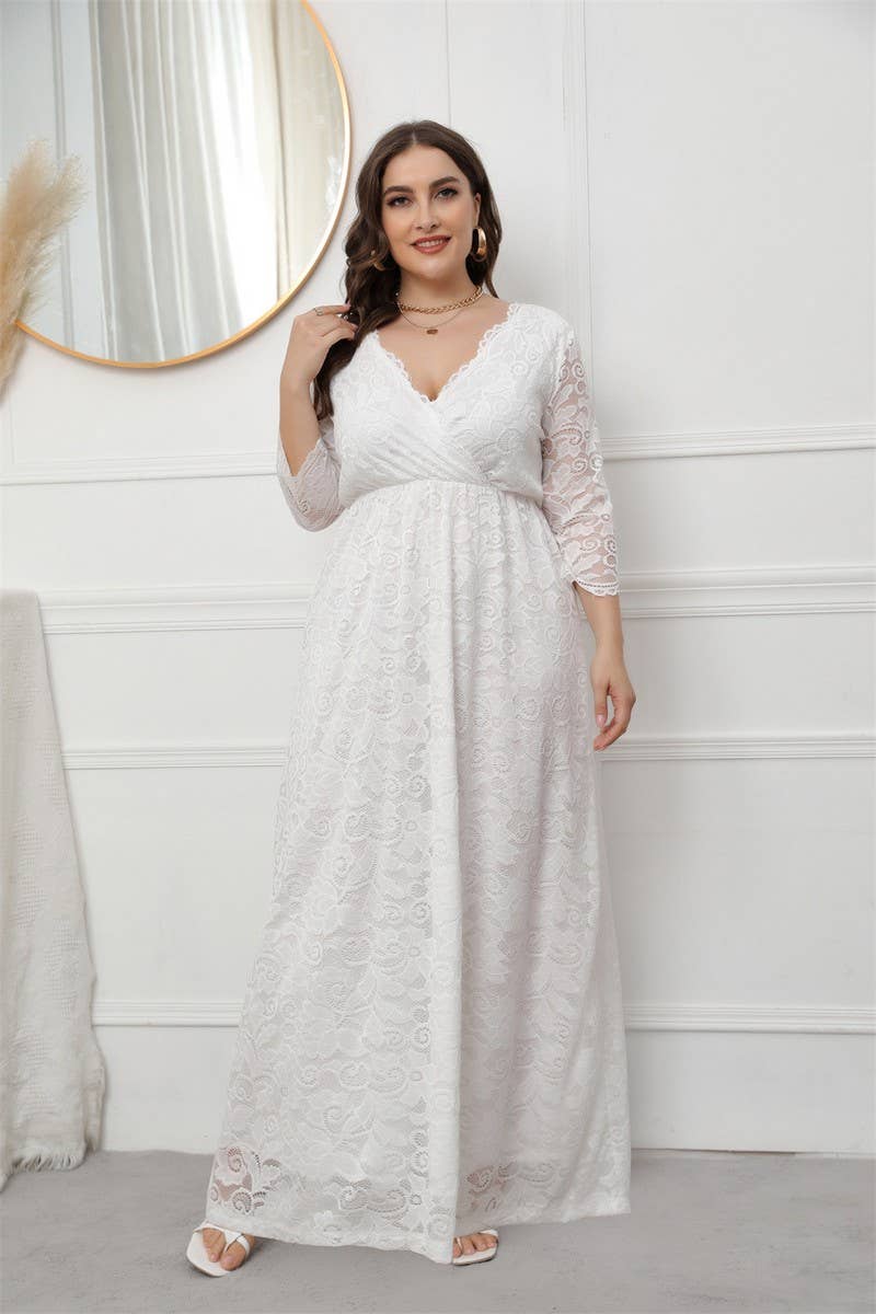 CWDMD3208_PLUS SIZE V NECK LACE LONG GOWN DRESS