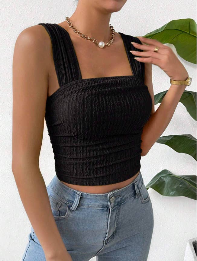 Sexy solid-color textured strapless top vest