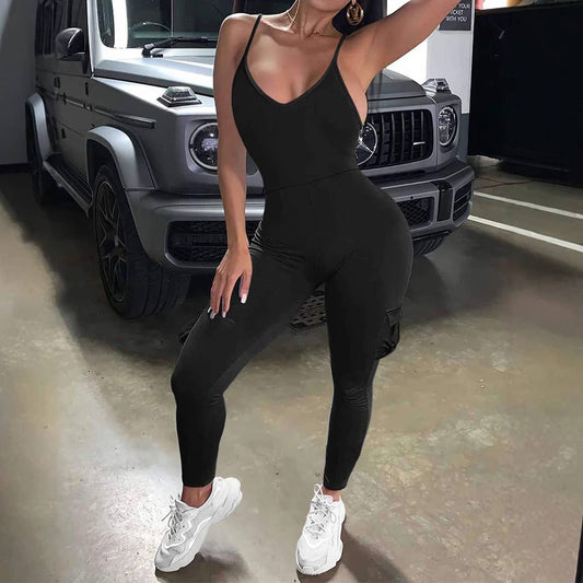 Strap V-neck cargo pocket hip sports jumpsuit