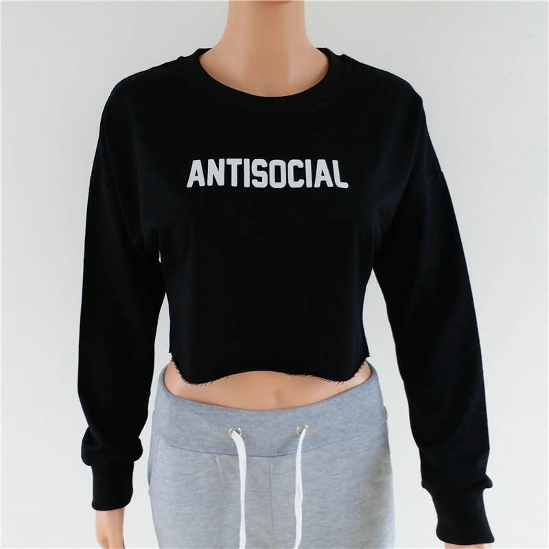 LETTER PRINT SHORT ROUND NECK LONG SLEEVE HOODIE