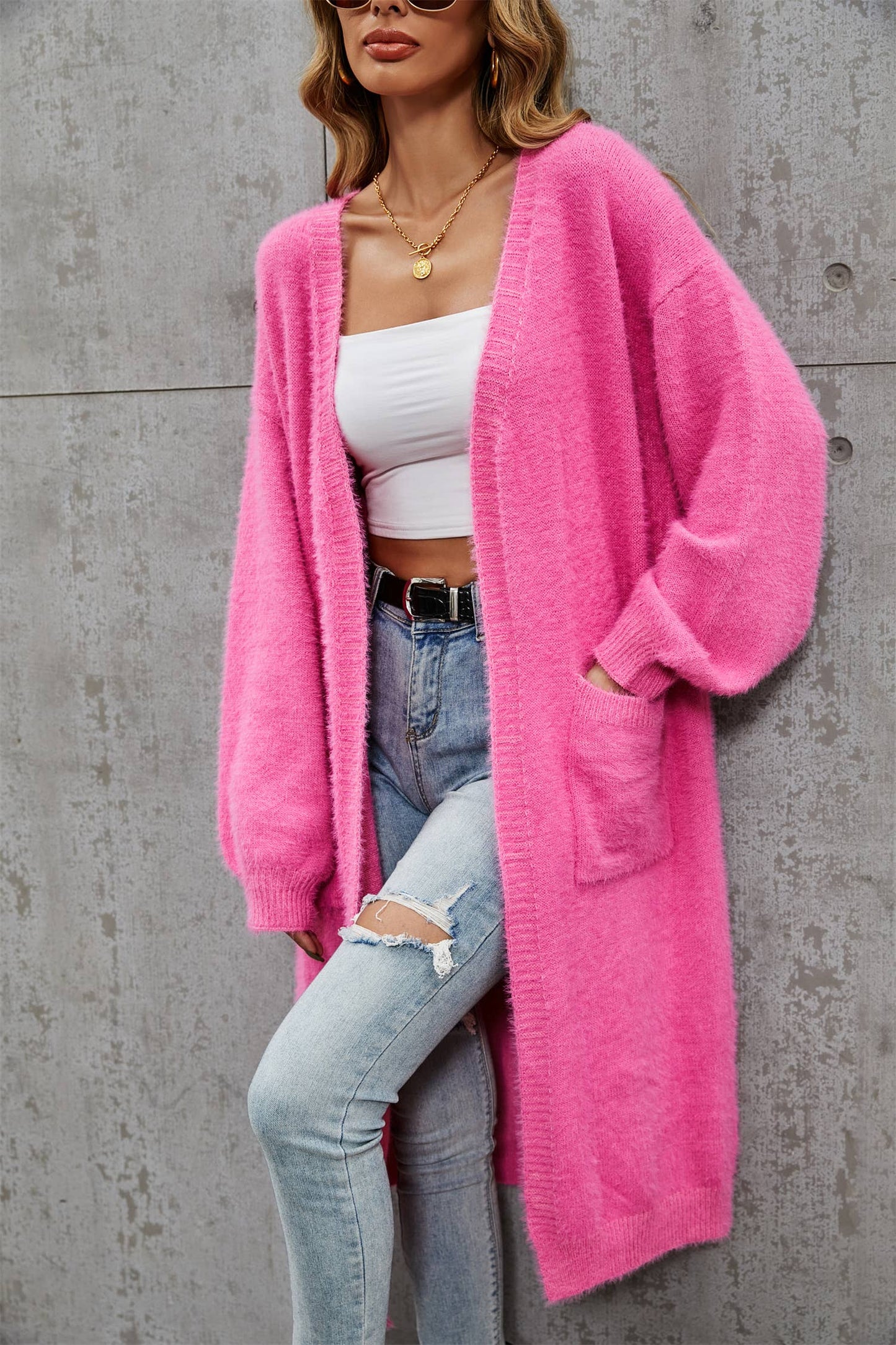Solid color high-grade unbuttoned long cardigan