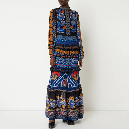 VINTAGE LONG-SLEEVED PRINTED CAKE FASHION DRESS