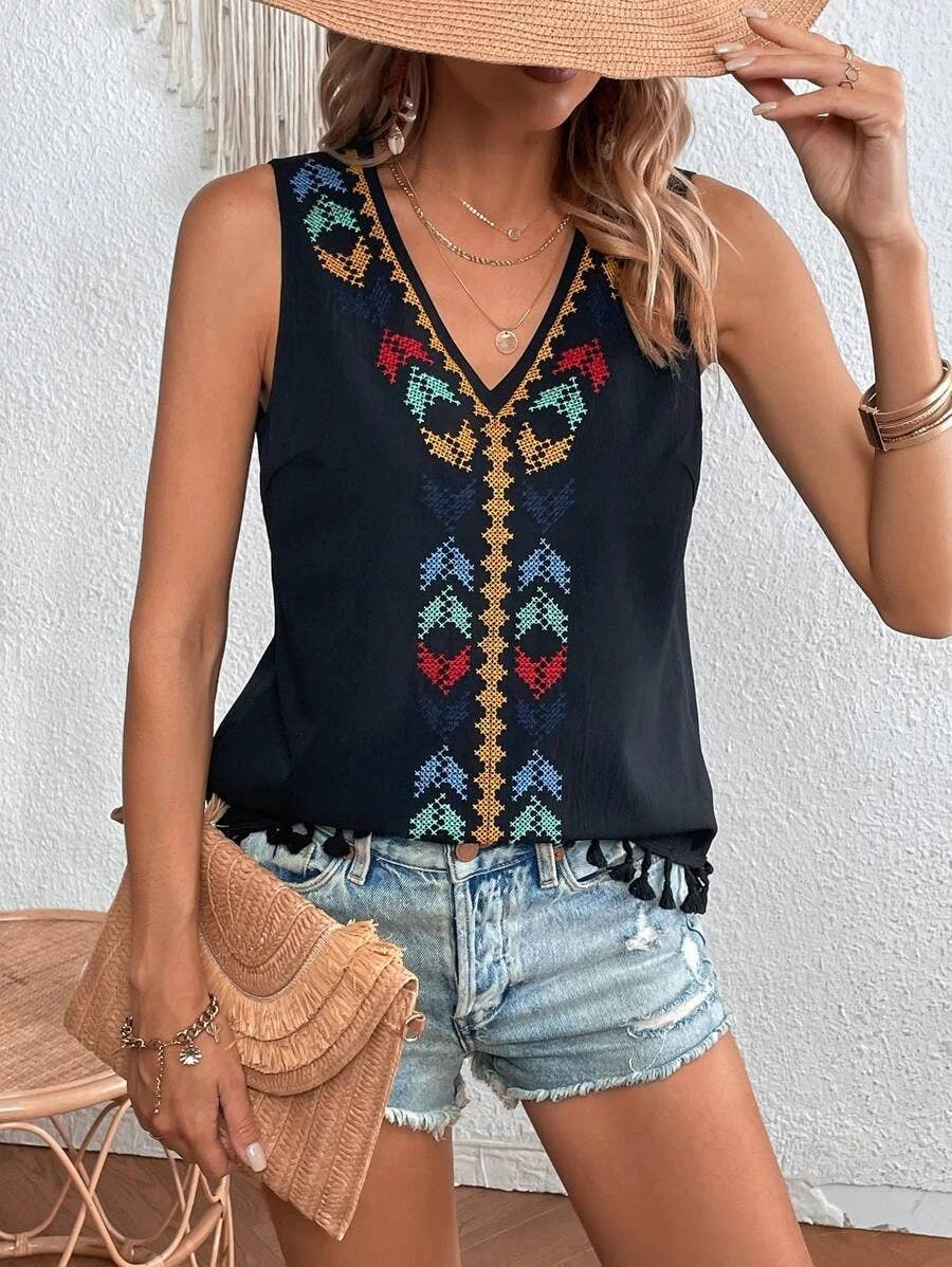 V-NECK EMBROIDERED STITCHING HEM BEARD BLOUSE