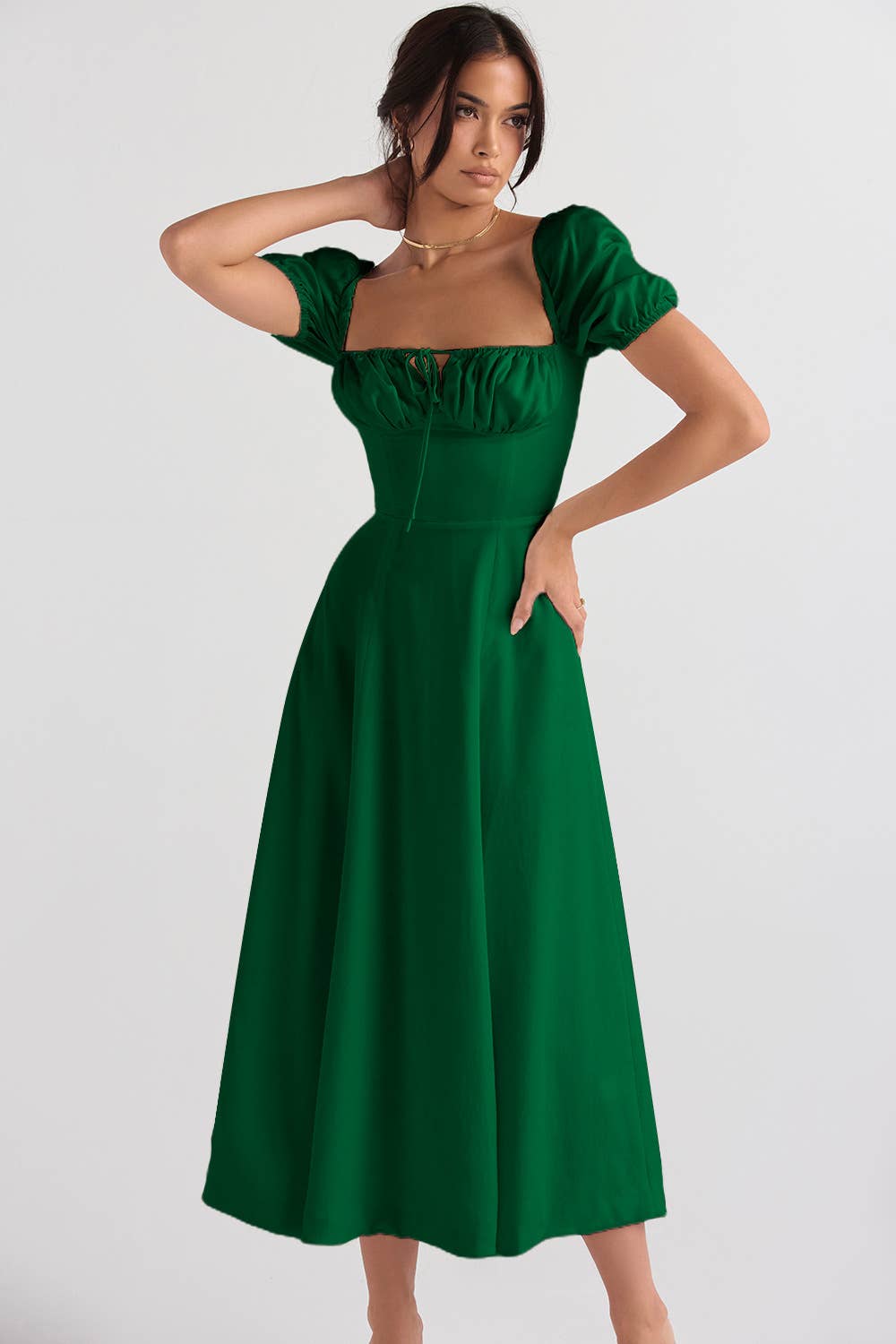 Sexy square neck A-line puff sleeve slit dress