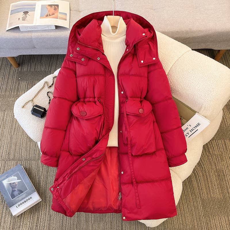 Thick,hooded,mid-length cotton-padded jacket