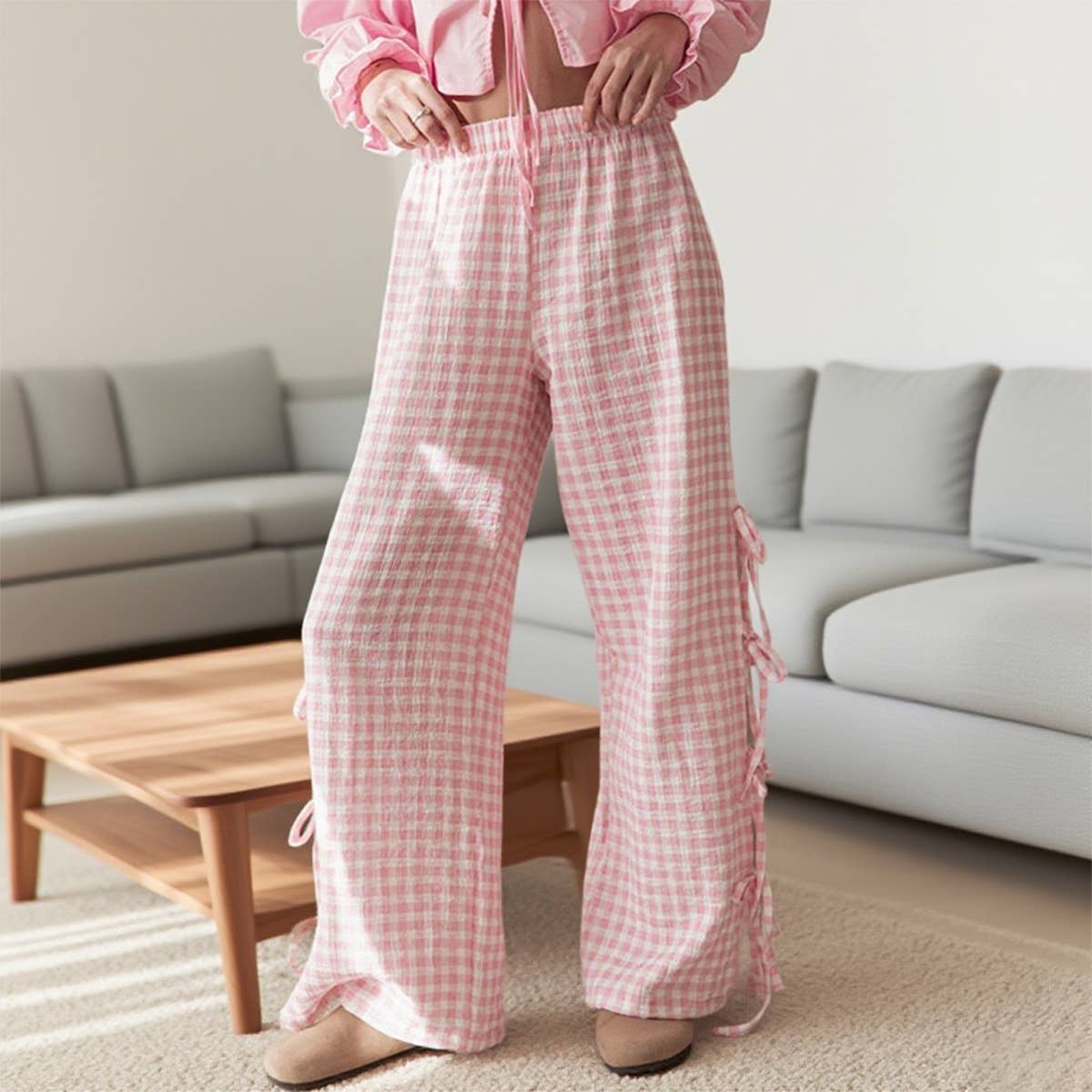 Stretched-waist checkered printed tie long pants