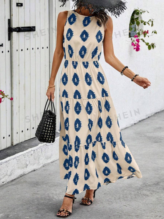 Long boho print dress with waist tucked in