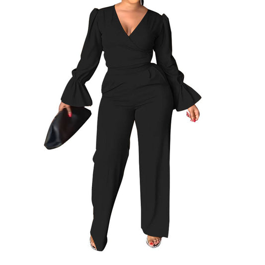 TWO-PIECE V-NECK FLARED SLEEVE TOP WIDE-LEG PANTS