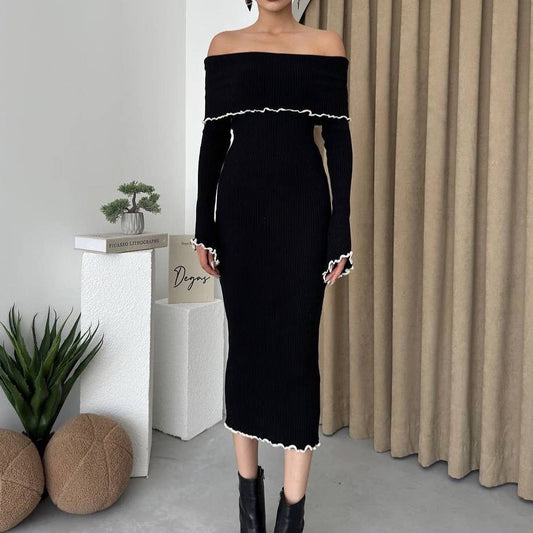 LONG-SLEEVED WOODEN EAR HEMMED HIP SHEATH DRESS