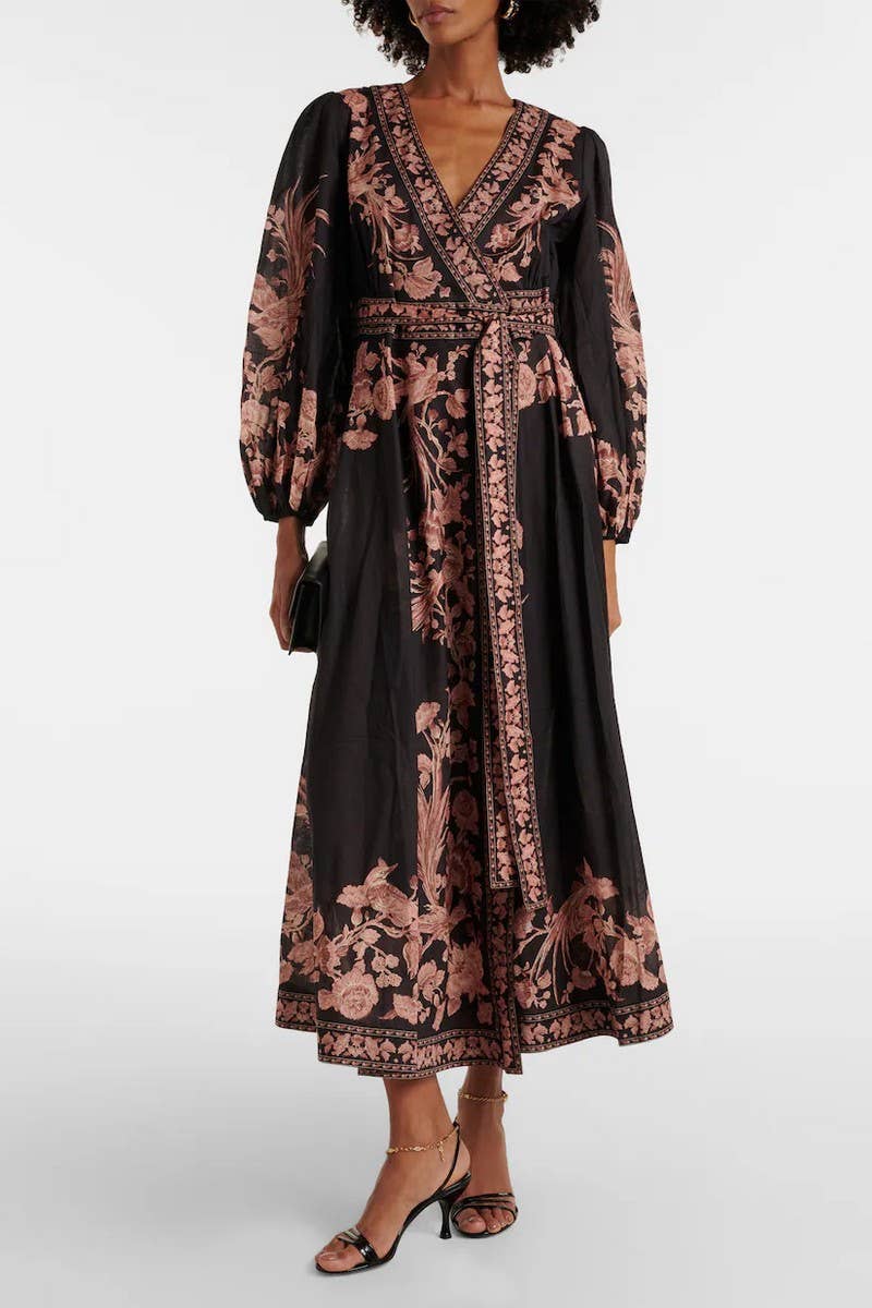 CWDMD5739_V-NECK FASHIONABLE PRINTED LONG-SLEEVED TIE DRESS