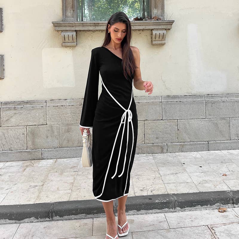 TEMPERAMENT ONE-SHOULDER COLOR EDGE LACE DRESS