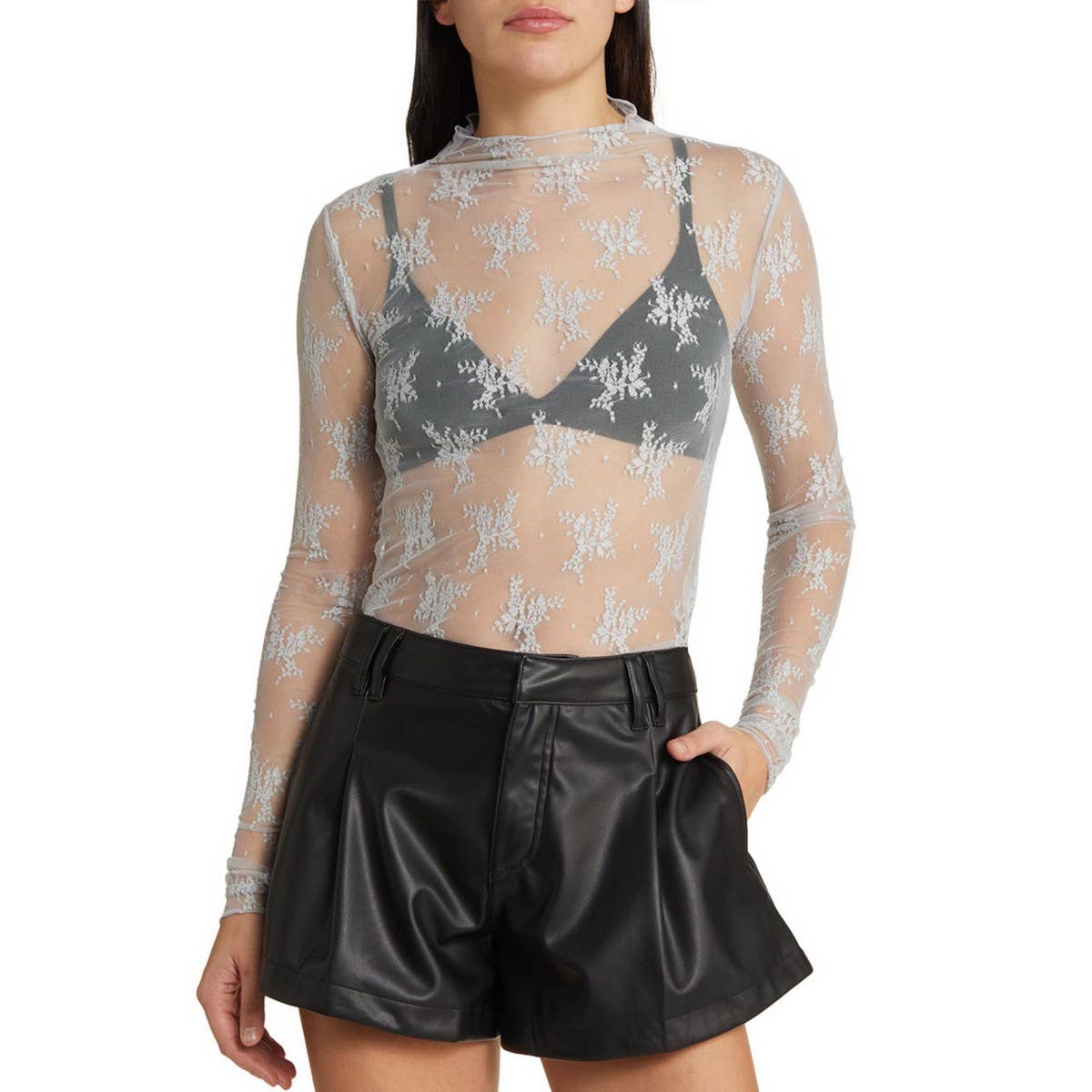 SEMI SHEER MESH LACE TOP BOTTOMING SHIRT