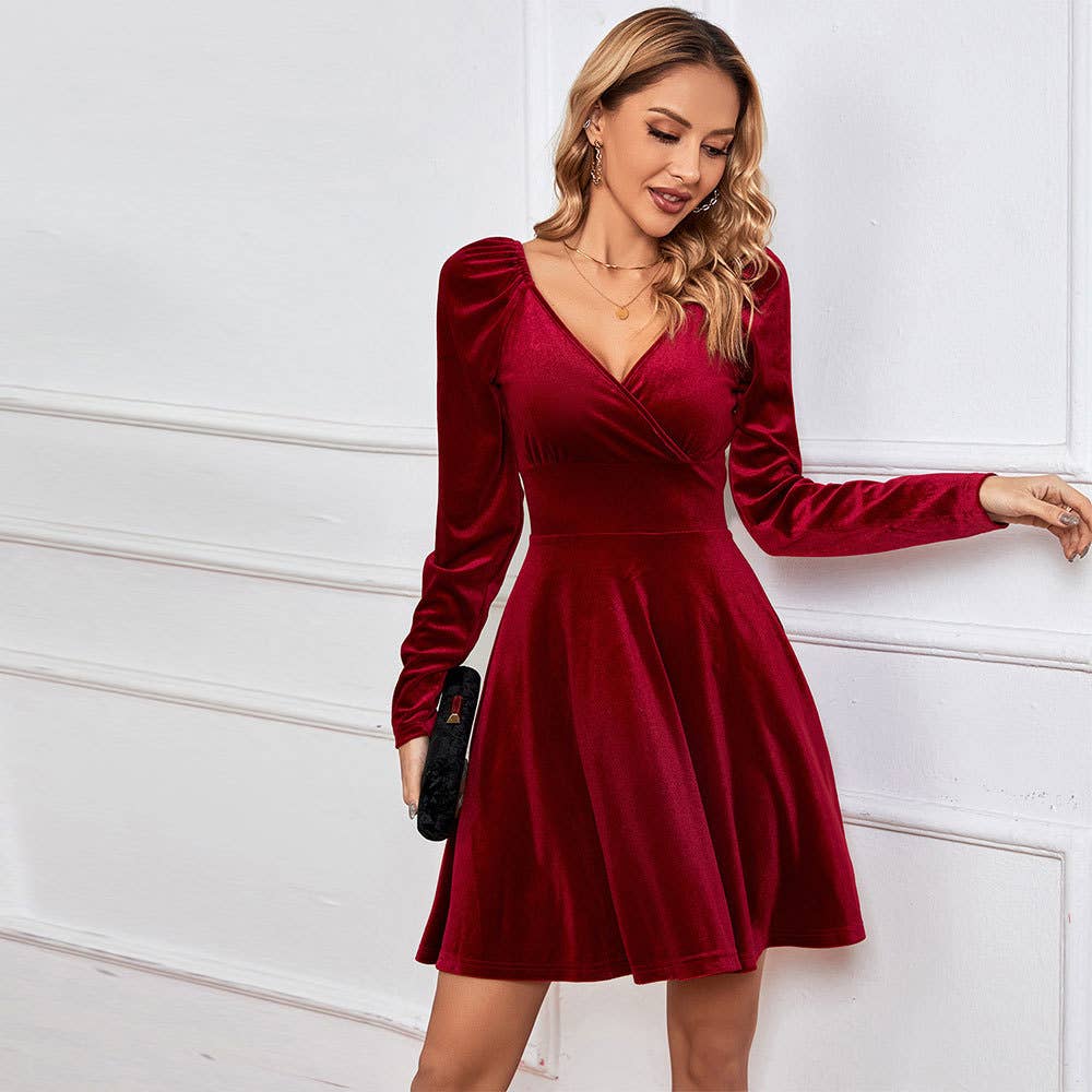 V-NECK WAIST A-LINE SKIRT SEXY VELVET DRESS