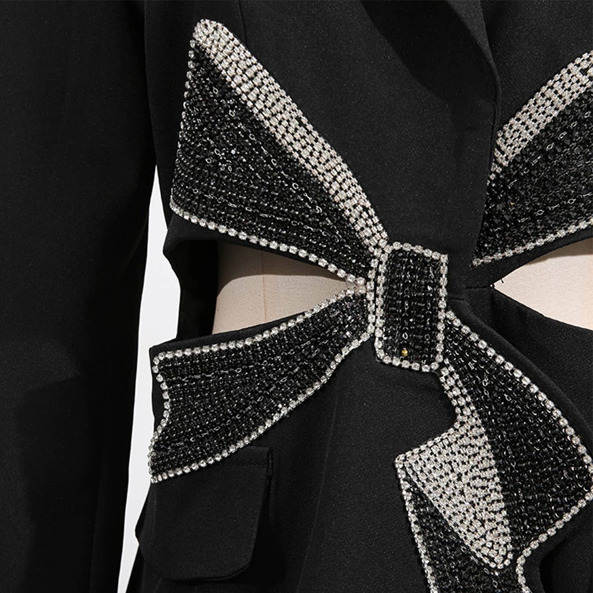 Elegant Beaded Bow Waist-Cut Blazer Jacket