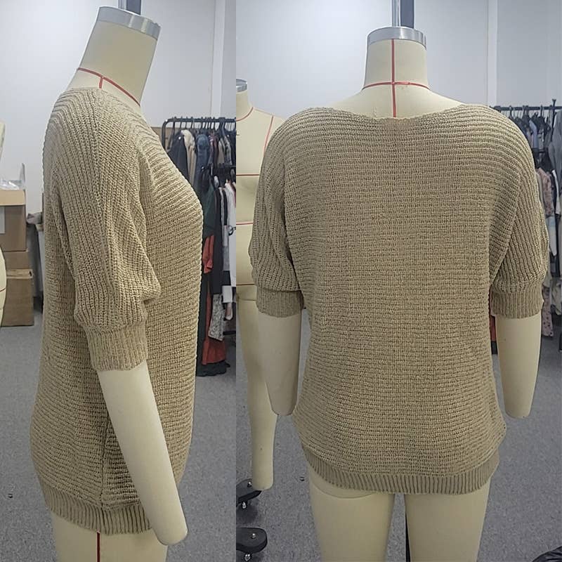 SOLID COLOR LOOSE CREW NECK HALF-SLEEVED SWEATER