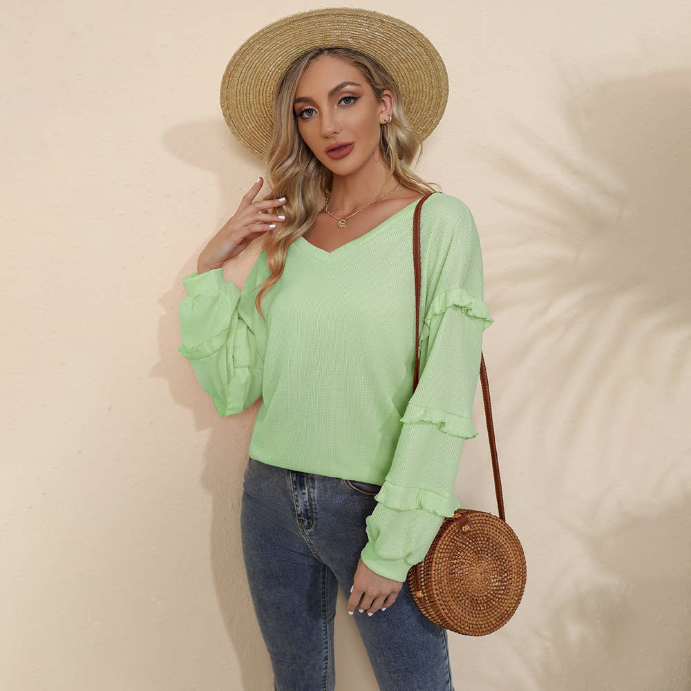 V-NECK RUFFLED LANTERN SLEEVE T-SHIRT