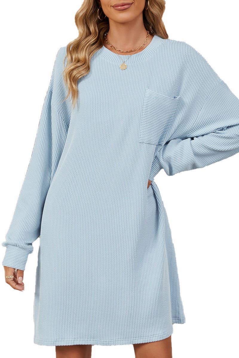 CWDSD6364_ROUND NECK STRIPED POCKET LONG SLEEVE DRESS